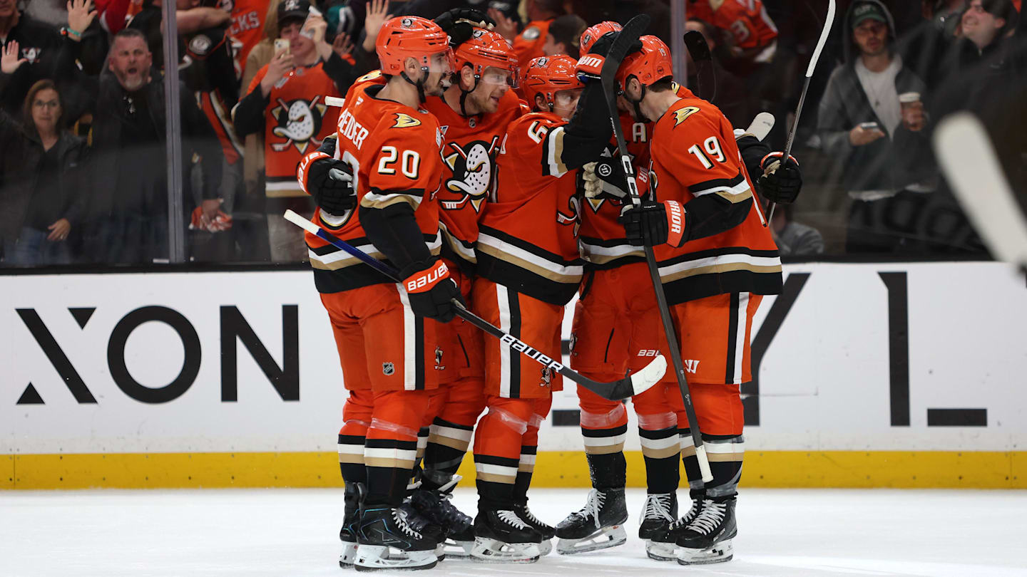 May 14, 2026; Anaheim, California, USA; Anaheim Ducks center Mikael Granlund (middle) celebrates with teammates after scoring a power-play goal against Vegas Golden Knights during the second period of game six of the second round of the 2026 Stanley Cup Playoffs at Honda Center. Mandatory Credit: Kiyoshi Mio-Imagn Images