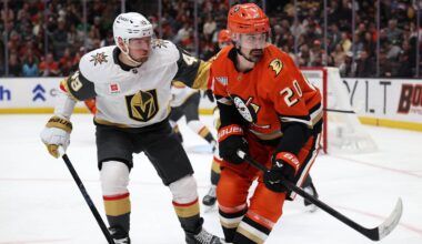 Feb 1, 2026; Anaheim, California, USA;  Anaheim Ducks left wing Chris Kreider (20) fights for the puck against Vegas Golden Knights left wing Ivan Barbashev (49) during the second period at Honda Center. Mandatory Credit: Kiyoshi Mio-Imagn Images