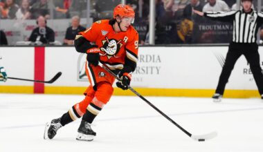 Apr 9, 2026; Anaheim, California, USA; Anaheim Ducks center Leo Carlsson (91) skates with the puck against the San Jose Sharks in the second period at Honda Center.