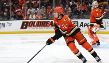 May 14, 2026; Anaheim, California, USA; Anaheim Ducks defenseman Pavel Mintyukov (98) controls the puck during the first period against the Vegas Golden Knights in game six of the second round of the 2026 Stanley Cup Playoffs at Honda Center. Mandatory Credit: Kiyoshi Mio-Imagn Images