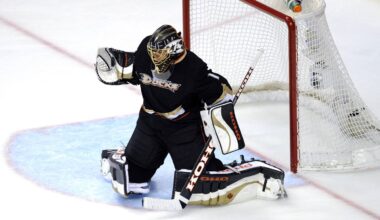 May 12, 2013; Anaheim, CA, USA; Anaheim Ducks goalie Jonas Hiller (1) blocks a shot against the Detroit Red Wings during the second period in game seven of the first round of the 2013 Stanley Cup Playoffs at the Honda Center. Mandatory Credit: Kelvin Kuo-Imagn Images