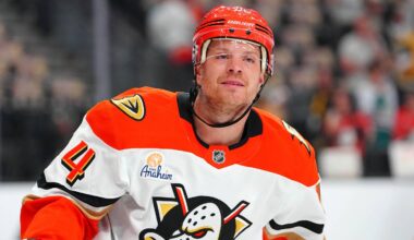 May 6, 2026; Las Vegas, Nevada, USA; Anaheim Ducks defenseman John Carlson (74) warms up before the start of game two against the Vegas Golden Knights in the second round of the 2026 Stanley Cup Playoffs at T-Mobile Arena. Mandatory Credit: Stephen R. Sylvanie-Imagn Images
