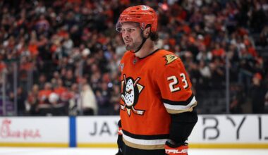 Apr 24, 2026; Anaheim, California, USA;  Anaheim Ducks center Mason McTavish (23) looks on during the second period against the Edmonton Oilers in game three of the first round of the 2026 Stanley Cup Playoffs at Honda Center. Mandatory Credit: Kiyoshi Mio-Imagn Images