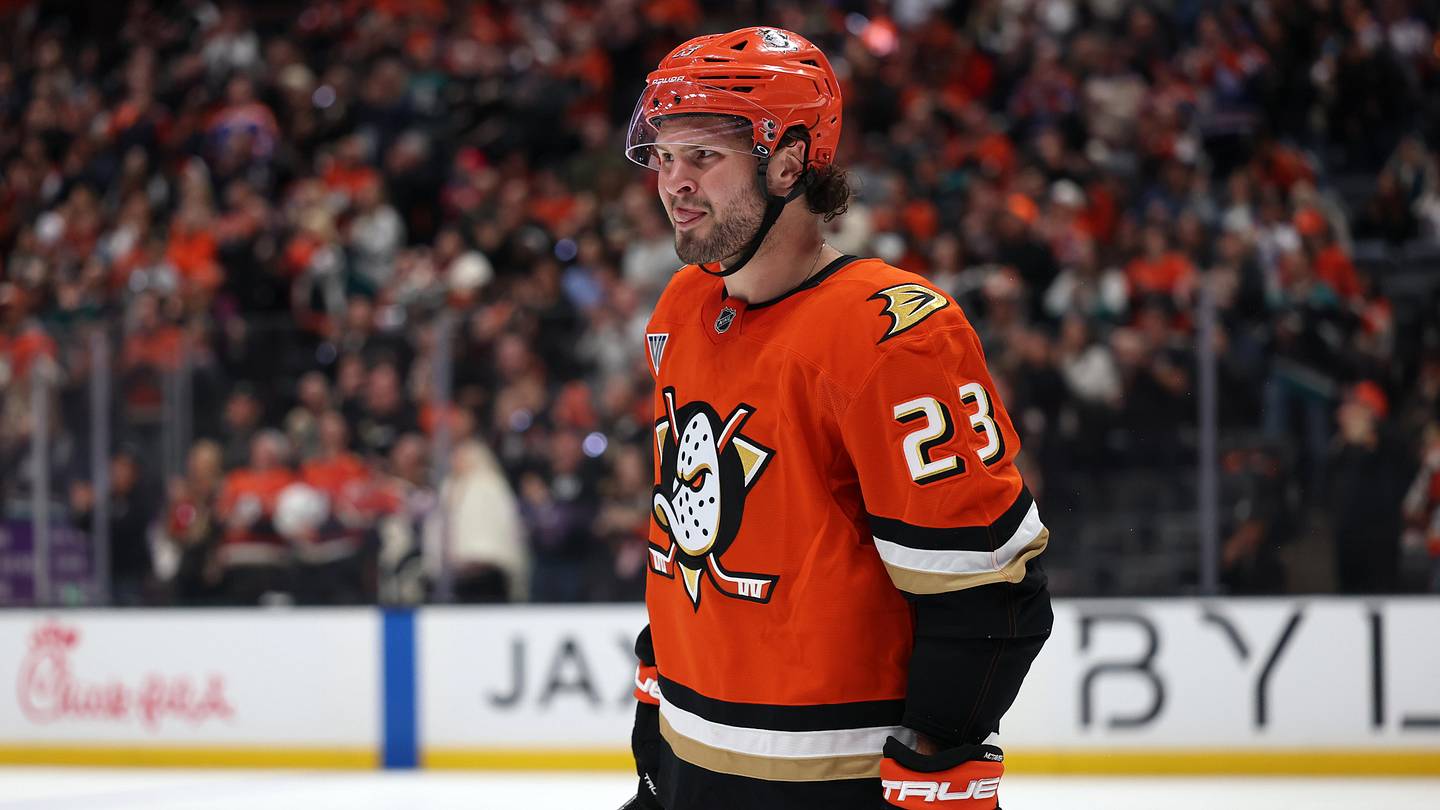 Apr 24, 2026; Anaheim, California, USA;  Anaheim Ducks center Mason McTavish (23) looks on during the second period against the Edmonton Oilers in game three of the first round of the 2026 Stanley Cup Playoffs at Honda Center. Mandatory Credit: Kiyoshi Mio-Imagn Images