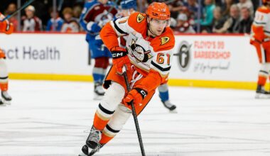 Jan 21, 2026; Denver, Colorado, USA; Anaheim Ducks left wing Cutter Gauthier (61) controls the puck in the third period against the Colorado Avalanche at Ball Arena. Mandatory Credit: Isaiah J. Downing-Imagn Images