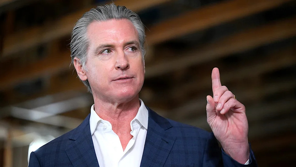 California Gov. Gavin Newsom speaking at a press conference in Hayward