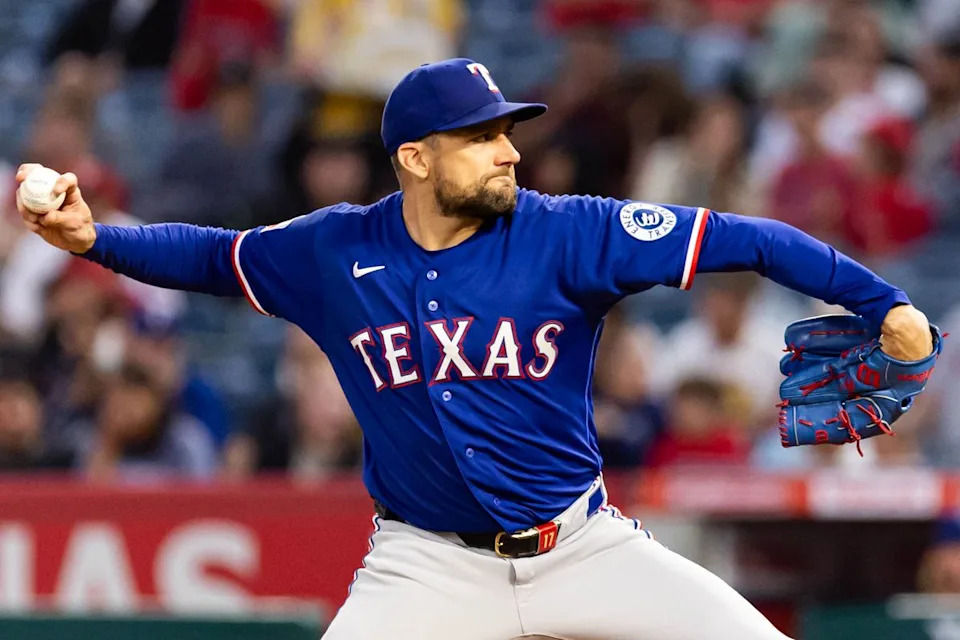 Nathan Eovaldi #17 of the Texas Rangers pitches during an MLB game against the Los Angeles Angels on May 23, 2026 at Angel Stadium in Anaheim, California.