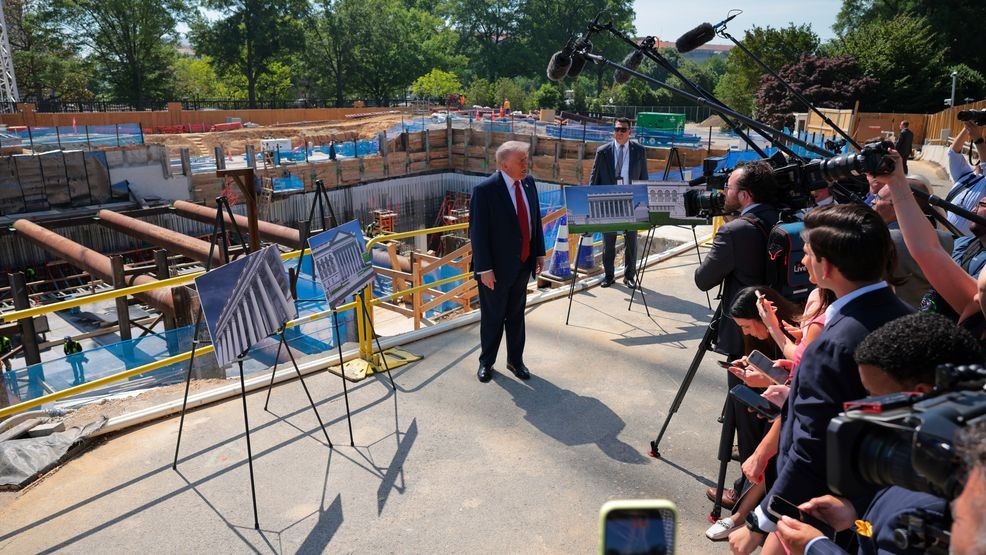 WASHINGTON, DC - MAY 19: U.S. President Donald Trump speaks to the media alongside posters of his proposed White House ballroom amid construction at the White House on May 19, 2026 in Washington, DC. The Senate parliamentarian ruled this week that taxpayer funds in the budget reconciliation package cannot be used for a $1 billion provision intended to fund security for Trump’s White House ballroom. (Photo by Chip Somodevilla/Getty Images)