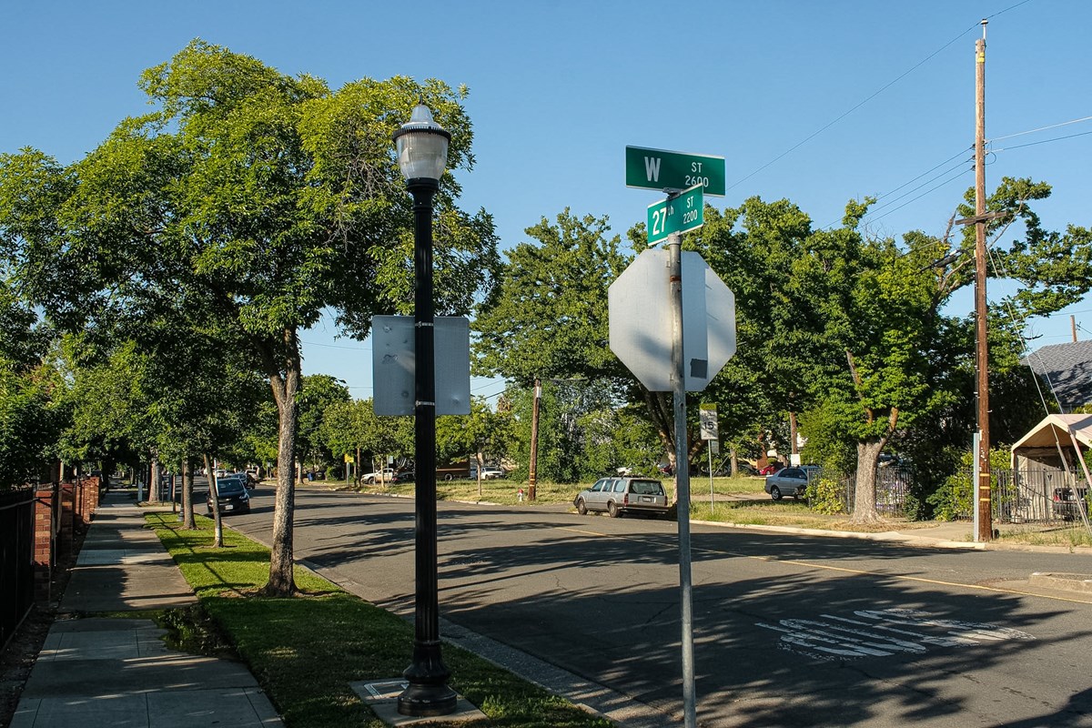 The corner of W Street and 27th Street, where the walk on April 30, 2026 began.
