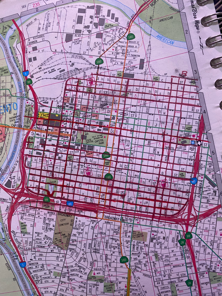 Lacy's map showing the streets she's already walked as on Sacramento's grid as of Monday, May 4 marked in red.