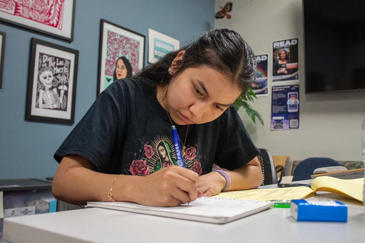 Yuliana Rico Chavez studies Thursday, April 2, 2026, at El Centro — a Latino support center at American River College in Sacramento.
