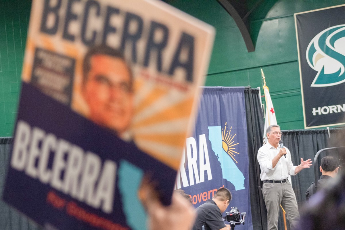 Frontrunner Democratic gubernatorial candidate Xavier Becerra Monday, May 11, 2026, during a campaign rally at Sacramento State University.