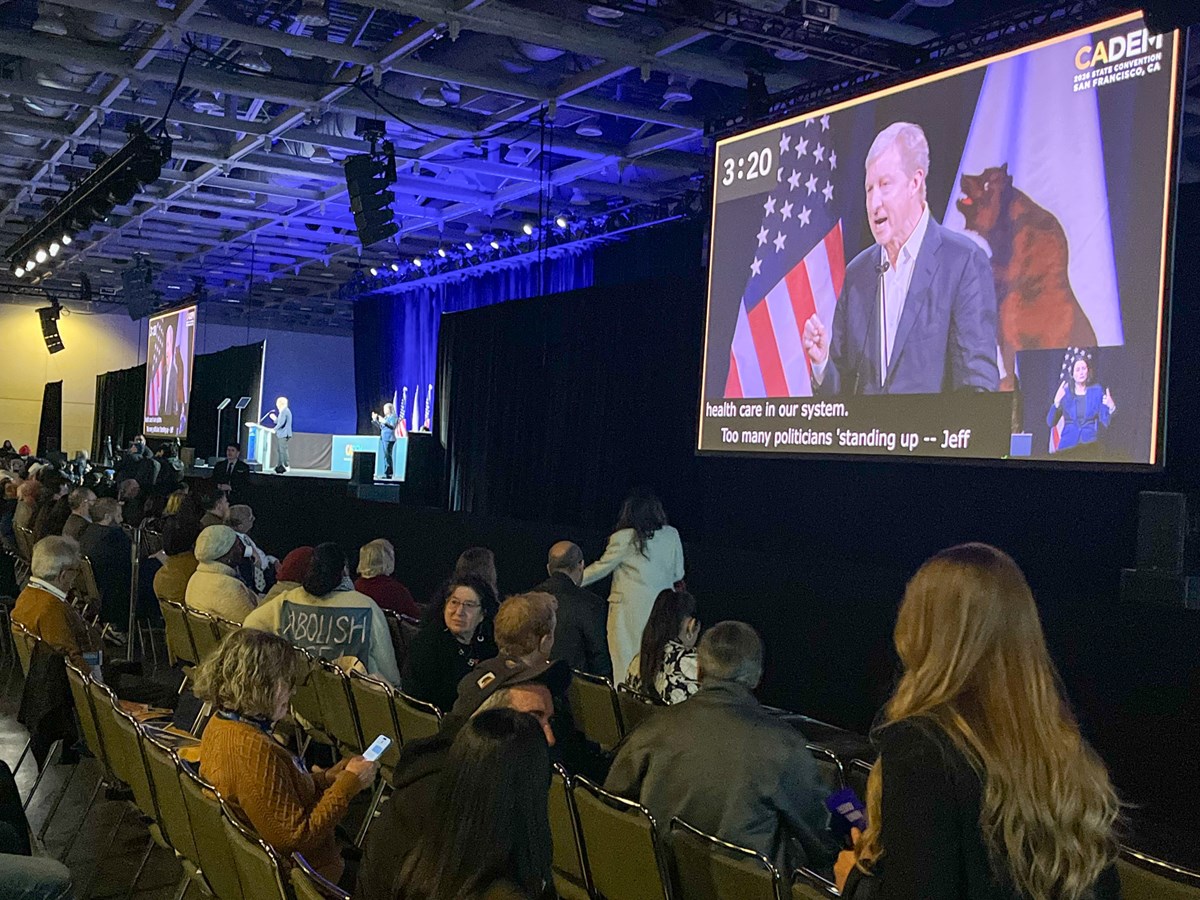 Climate activist Tom Steyer delivers a speech Saturday, Feb. 21, 2026, at the California Democratic State Convention in San Francisco.