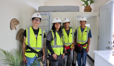Nicolas Jr. High students from the Construction Academy stand inside the new 192-square-foot Tiny Home they helped construct at the May 22 ribbon-cutting ceremony. (Courtesy of Fullerton School District)