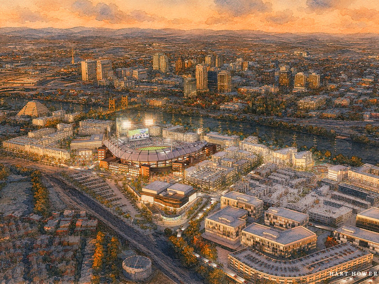 A rendering of the proposed Major League Baseball stadium and mixed-use development along the Sacramento waterfront. A rendering of the proposed Major League Baseball stadium and mixed-use development along the Sacramento waterfront.