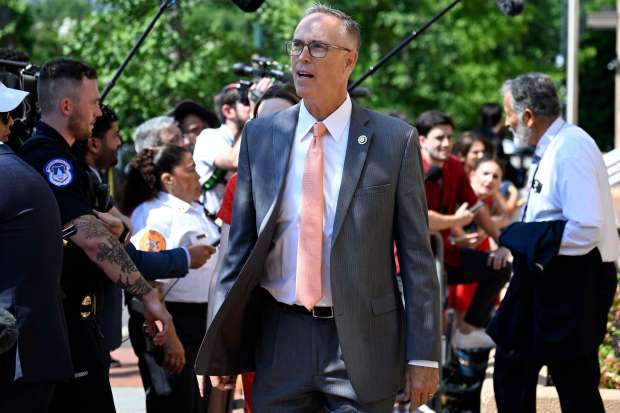 Rep. Jared Huffman, D-Calif., departs the Democratic National Committee Headquarters after meeting to discuss the 2024 election and President Joe Biden's candidacy Tuesday, July 9, 2024, in Washington. (AP Photo/John McDonnell)