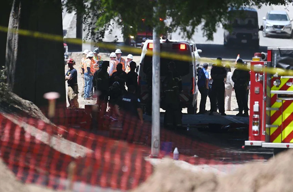 Emergency teams responded to the discovery of two bodies found in an underground chamber below the H Street overpass along Fresno Street Monday morning, May 11, 2026 in downtown Fresno.