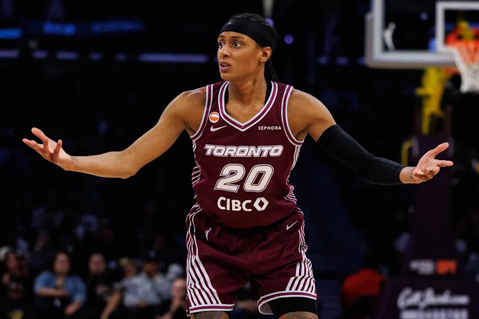 Brittney Sykes #20 of the Toronto Tempo reacts after a foul call during a WNBA game against the Los Angeles Sparks on May 15, 2026 at Crypto.com Arena in Los Angeles, California.