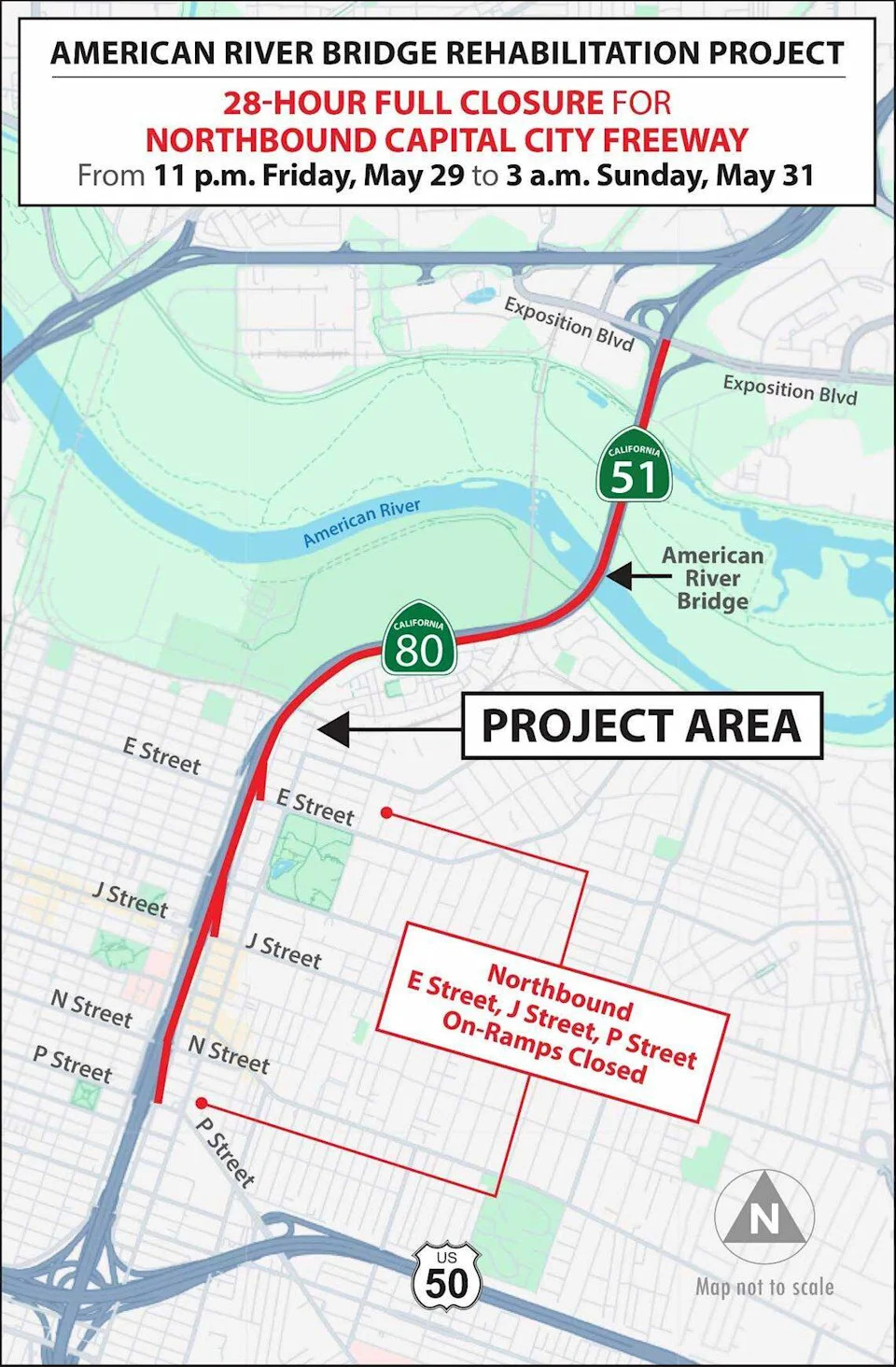 A 2½-mile portion of the northbound Capital City Freeway will be closed for 28 hours between Friday, May 29, and Sunday, May 31, as Caltrans workers apply an overlay to the American River Bridge.