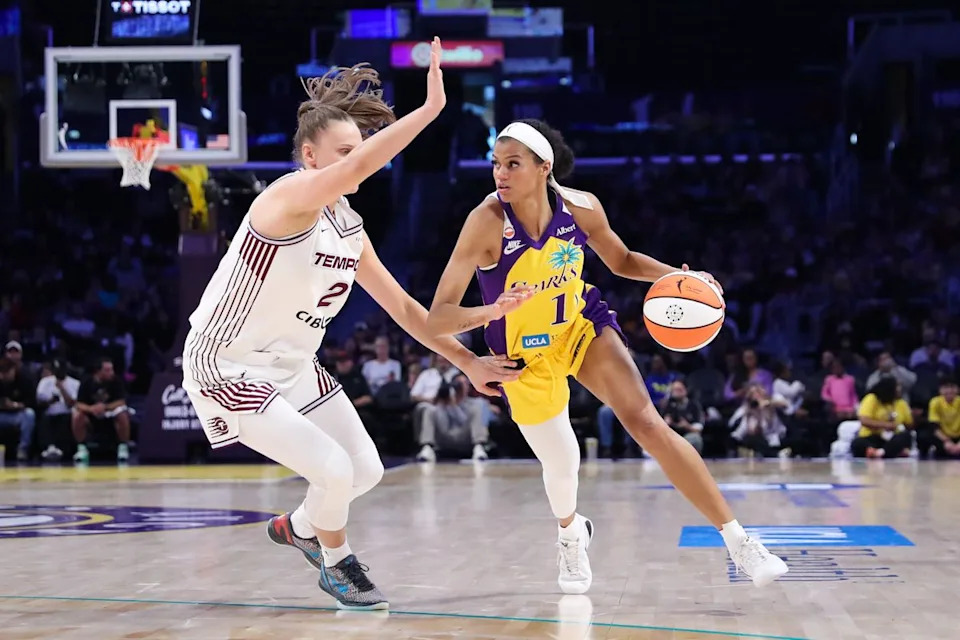 Los Angeles Sparks guard Rae Burrell (12) dribbles the basketball during a WNBA game against the Toronto Tempo on May 17, 2026 in Los Angeles, CA.