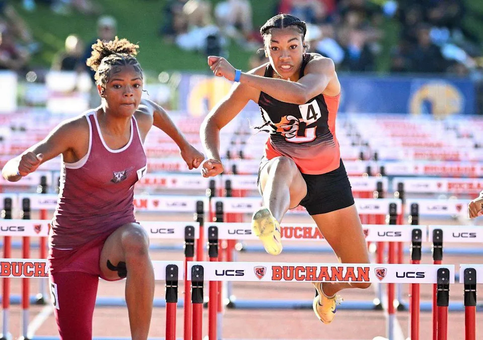 Sophia Lopes of Central East falls behind in the girls 100 hurdles during the CIF state track and field championships at Veterans Memorial Stadium in Clovis on Saturday, May 30, 2026. Lopes finished fourth.