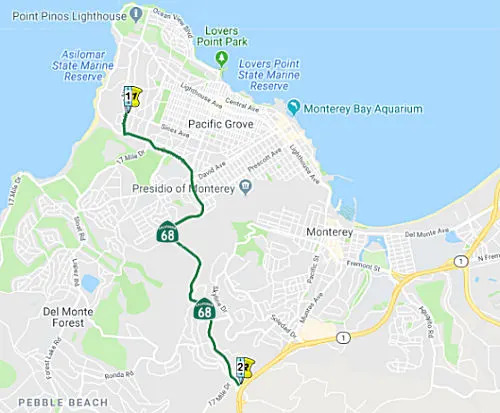Map showing State Route 68 through Monterey, Pacific Grove, and Del Monte Forest. cahighways.org