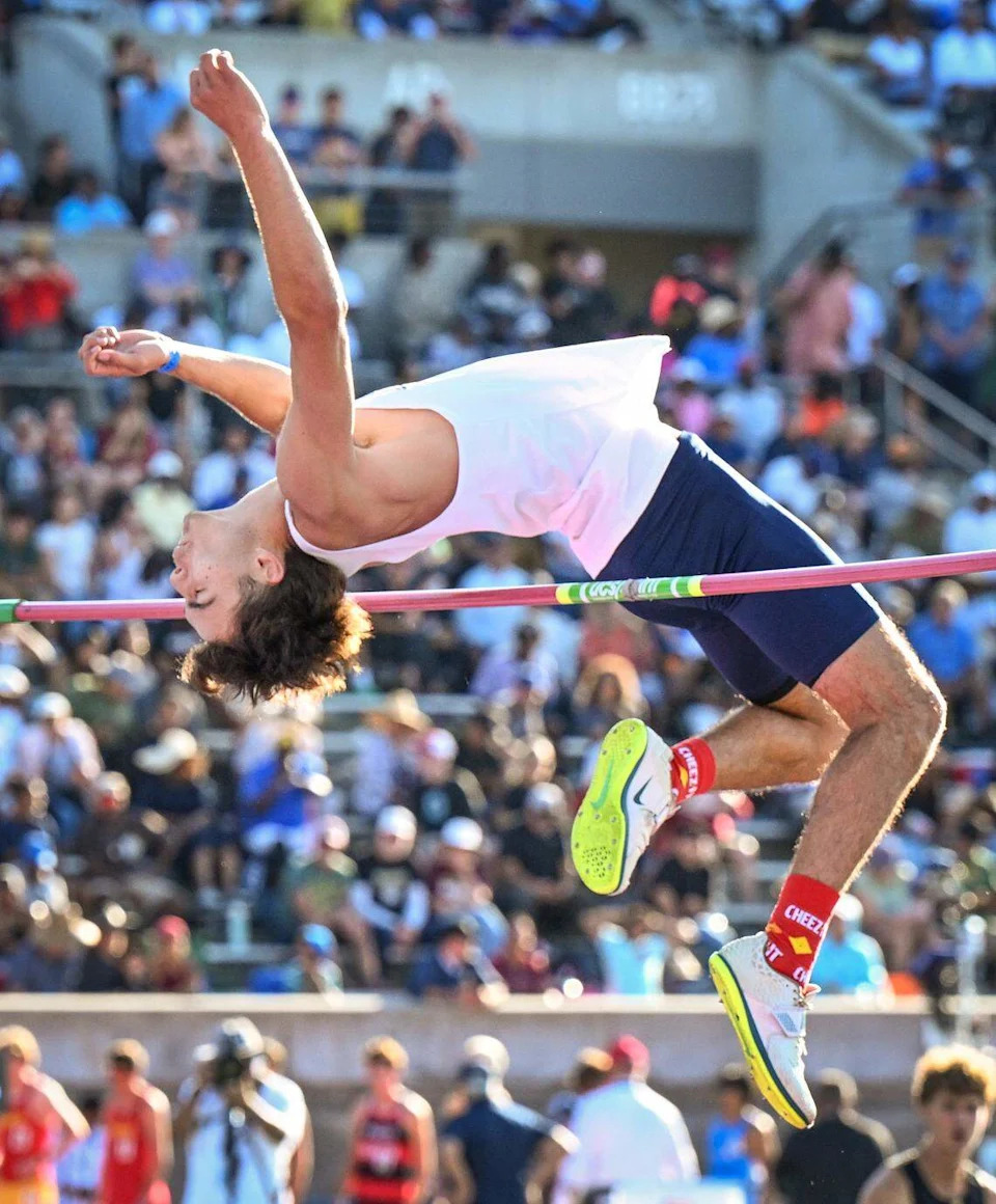 Memorial's Jaxson Silverstrom attempts a jump in the boys' high jump during the CIF state track and field championships at Veterans Memorial Stadium in Clovis on Saturday, May 30, 2026.