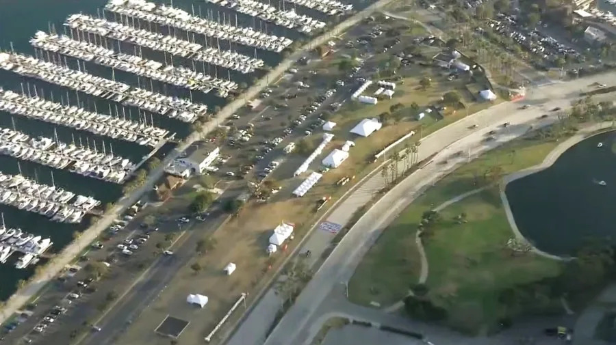 Sky5 aerial views showed the empty grounds of the Long Beach Pride Festival after it was cancelled on May 15, 2026. (KTLA)