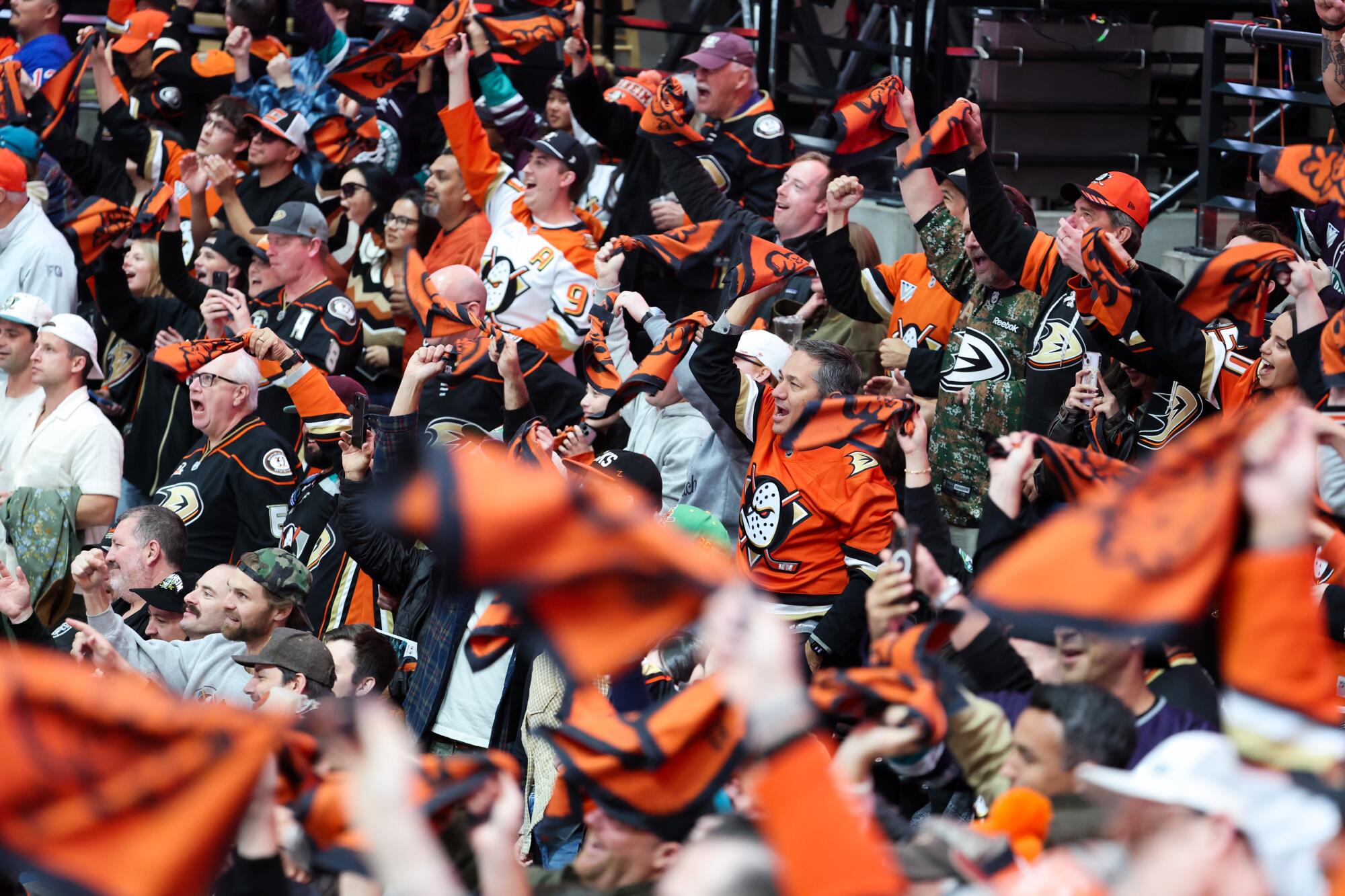 Ducks fans celebrate a goal by forward Chris Kreider during the first period Thursday against the Edmonton Oilers.