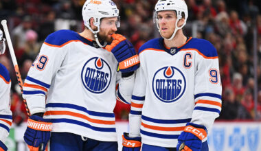 Edmonton Oilers forward Leon Draisaitl (29) and forward Connor McDavid (97) talk. They are eliminated form 2026 NHL playoffs