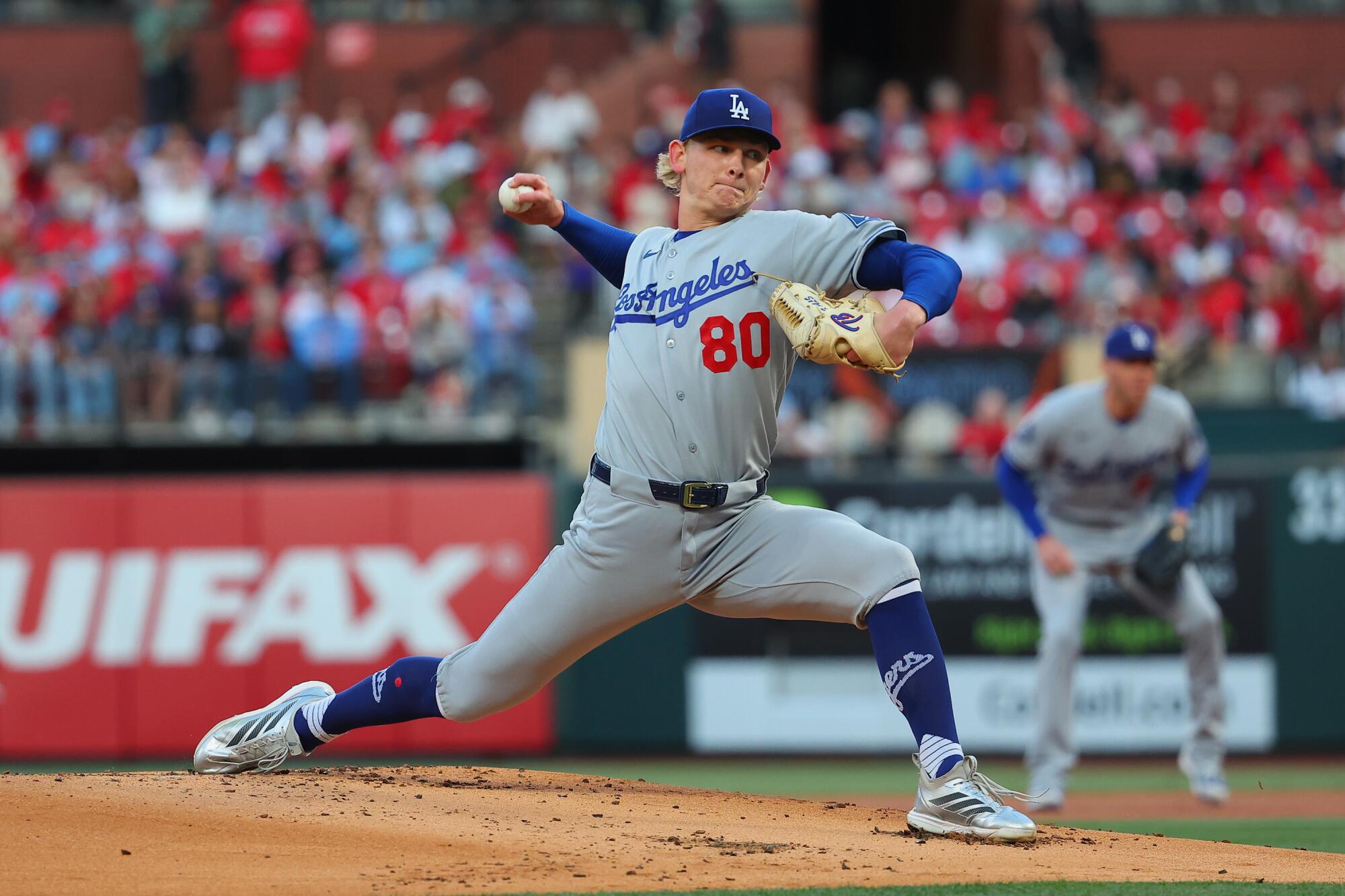 Dodgers starting pitcher Emmet Sheehan delivers during the first inning Friday against the Cardinals.