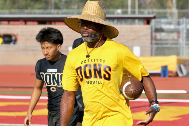 Cerritos head football coach Demel Franklin looks on during a spring showcase on Friday, May 1, 2026, hosted by Wilson High School in Long Beach. (Photo by Howard Freshman, Contributing Photographer)