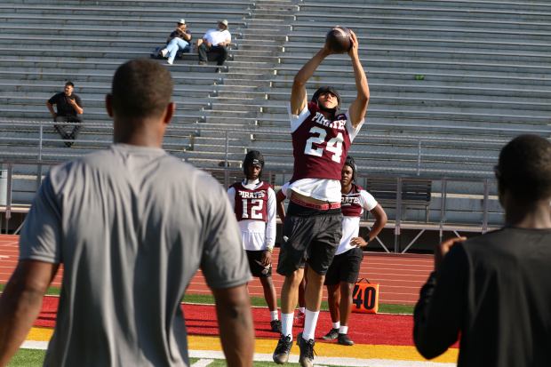 Paramount Pirates players participate in a a spring football showcase on Friday, May 1, 2026, at Wilson High School in Long Beach. (Photo by Howard Freshman, Contributing Photographer)