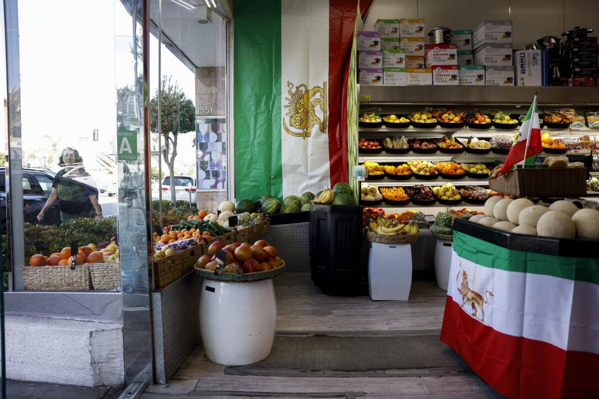 Two large green, white and red flags with a lion symbol are displayed inside a store