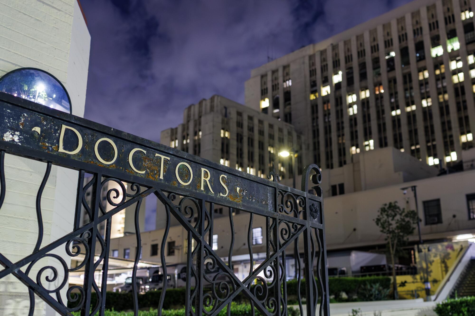 A rusted gate at the entrance to the shuttered General Hospital in Los Angeles.
