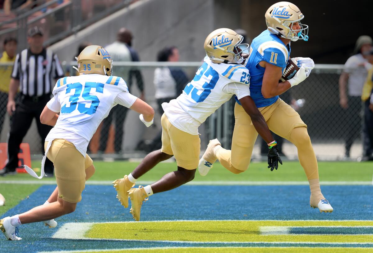 UCLA receiver Landon Ellis catches a touchdown pass ahead of Jhase McMillan and Curtis Gerrand.