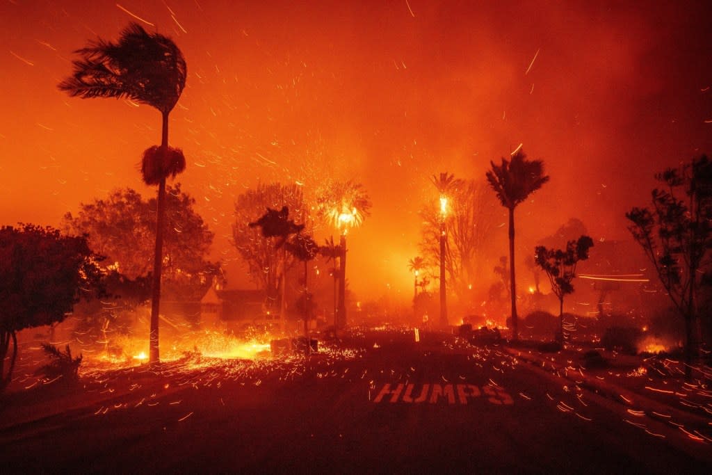 The Palisades Fire ravages a neighborhood amid high winds in the Pacific Palisades neighborhood of Los Angeles, Jan. 7, 2025. AP