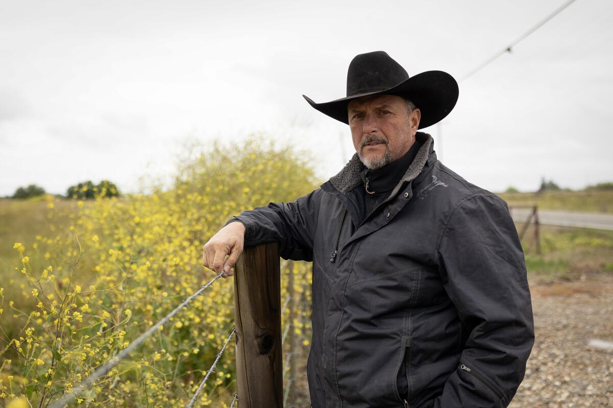A man wearing a black cowboy hat and jacket beside a wooden fence post and barbed wire, with wildflowers in the background.