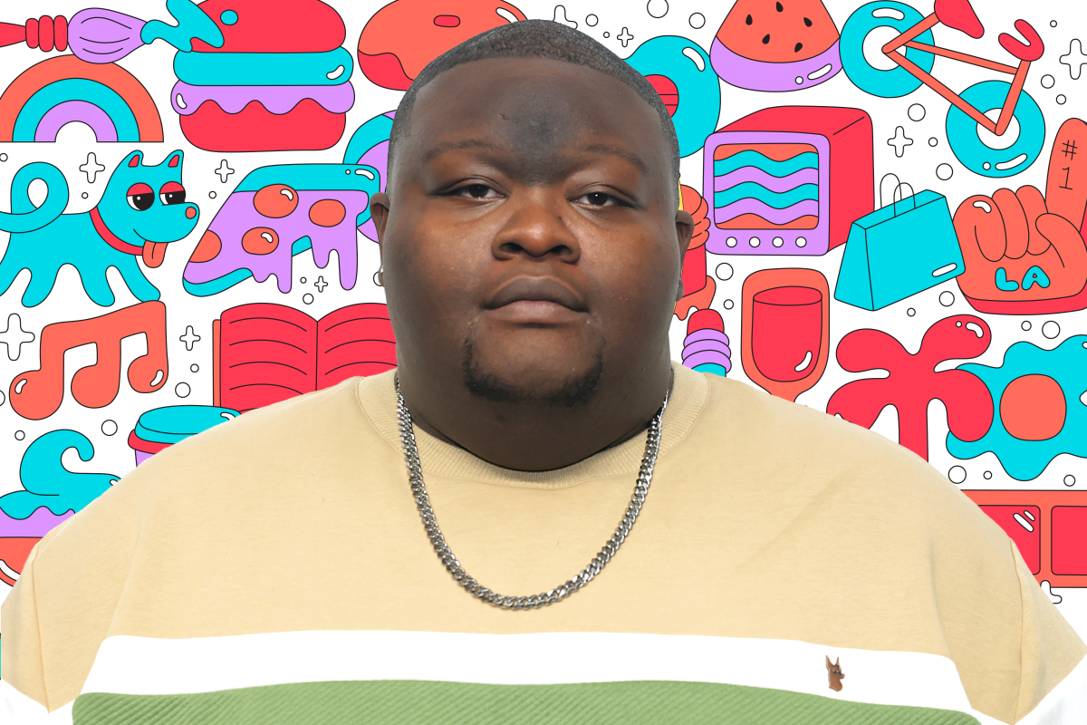 Photo of a person on a background of colorful illustrations like a book, dog, pizza, TV, shopping bag, and more