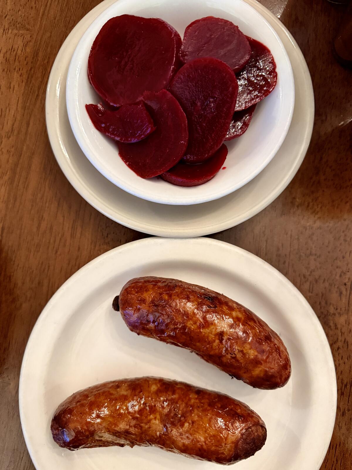 An order of two bangers and pickled beats from Robin Hood British Pub in Sherman Oaks.
