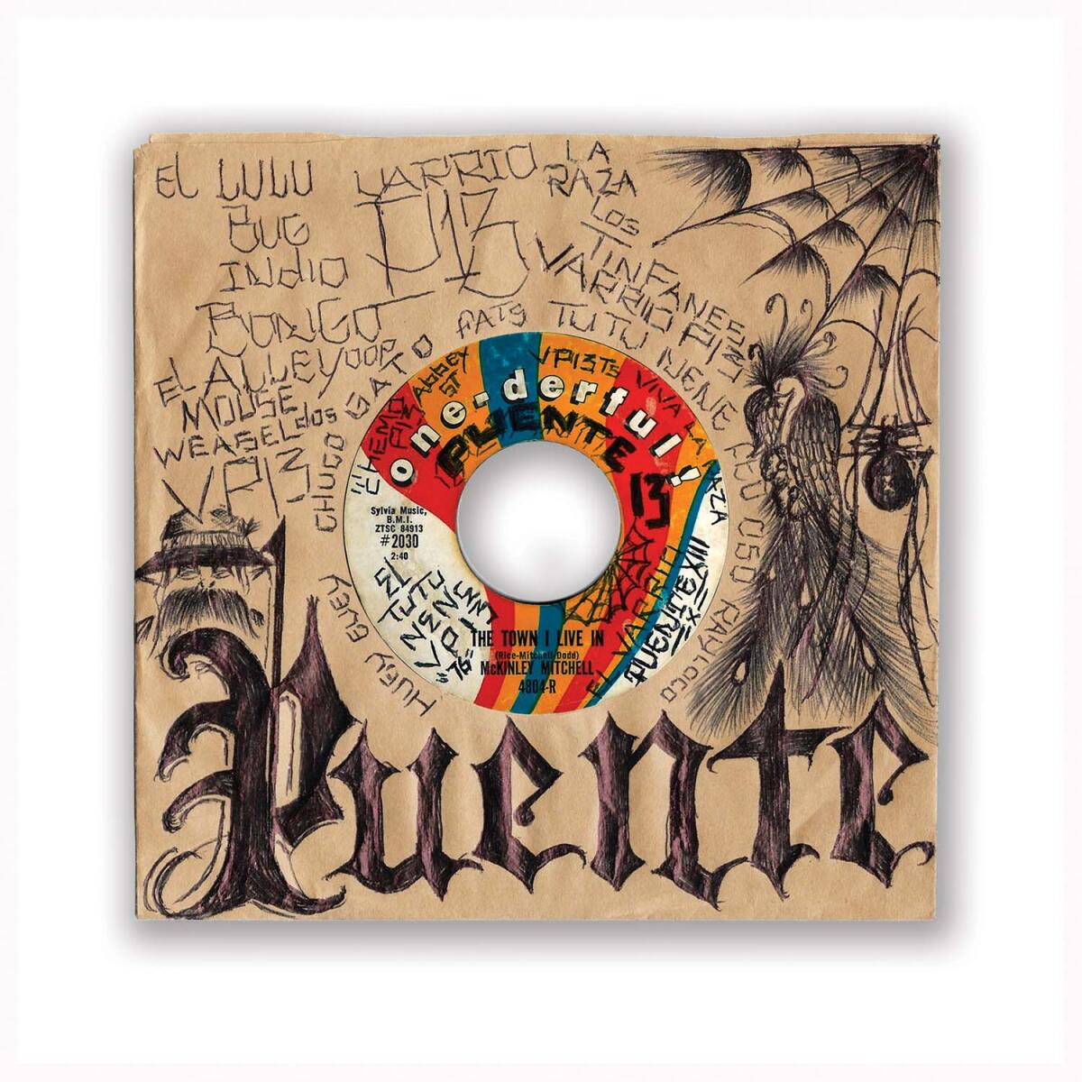 Hand drawings and inscriptions from Chicano youth on the cover of a 45 collected by Ruben Molina