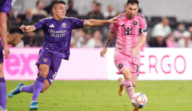 Orlando City SC midfielder Braian Ojeda (8) battles for possession with Inter Miami CF midfielder Lionel Messi (10) during the second half at Miami Freedom Park.