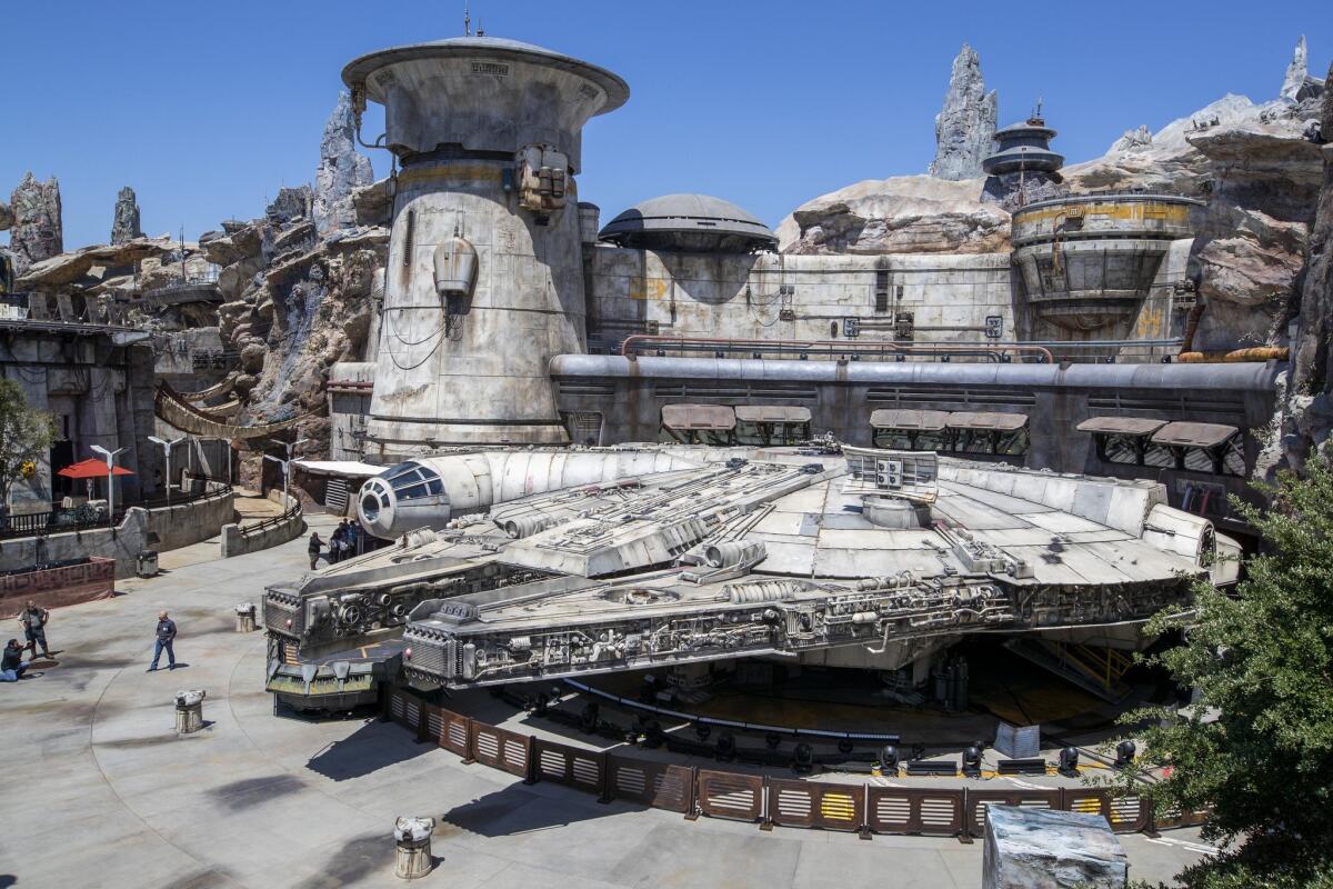A shot of a "Star Wars" spaceship in a theme park land.