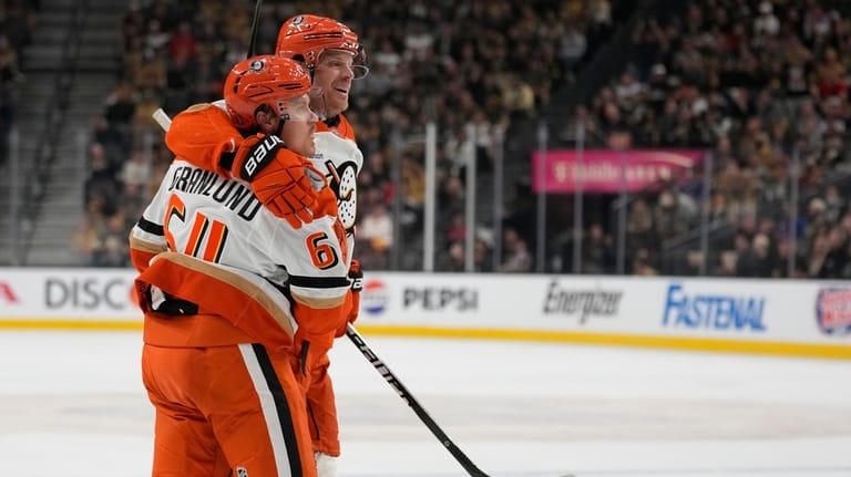 Anaheim Ducks center Mikael Granlund (64) celebrates after scoring against...