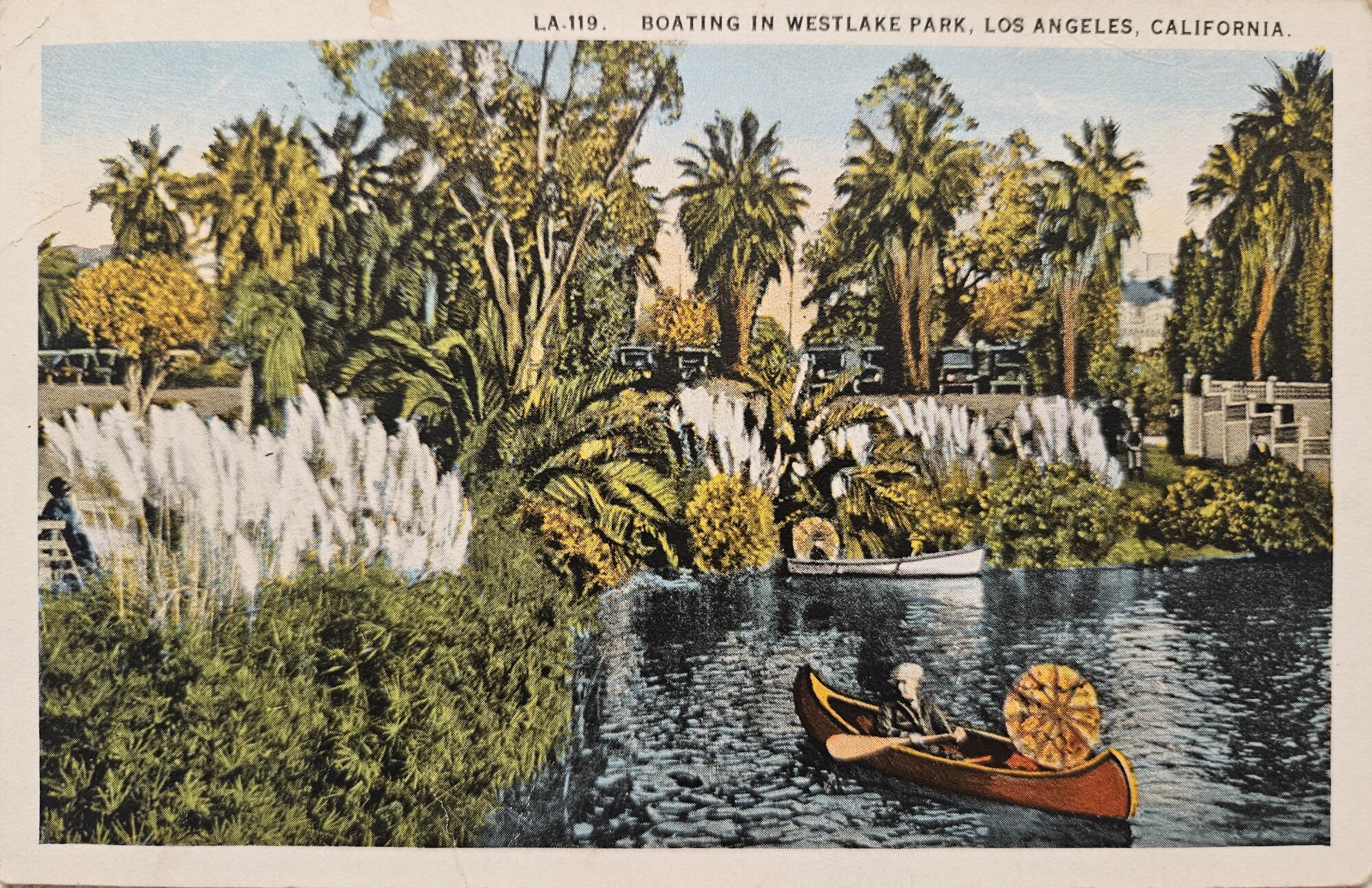 A vintage postcard of people boating in Westlake Park.