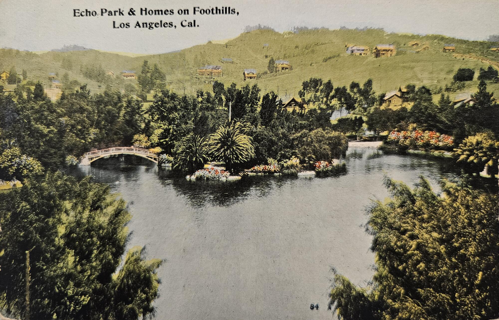 A vintage postcard of Echo Park and the nearby foothills.