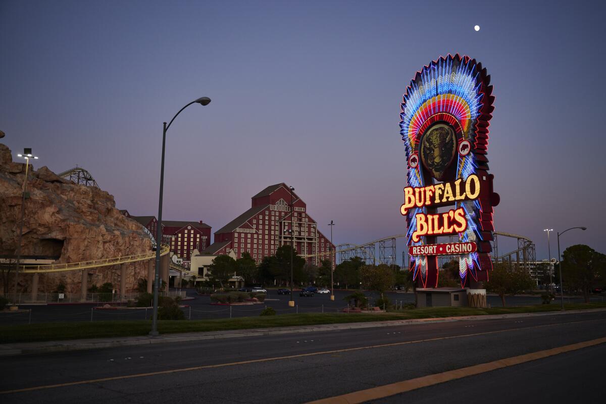 Lights glow on the Buffalo Bill's Resort and Casino sign on July 6, 2025, in Primm, Nev.