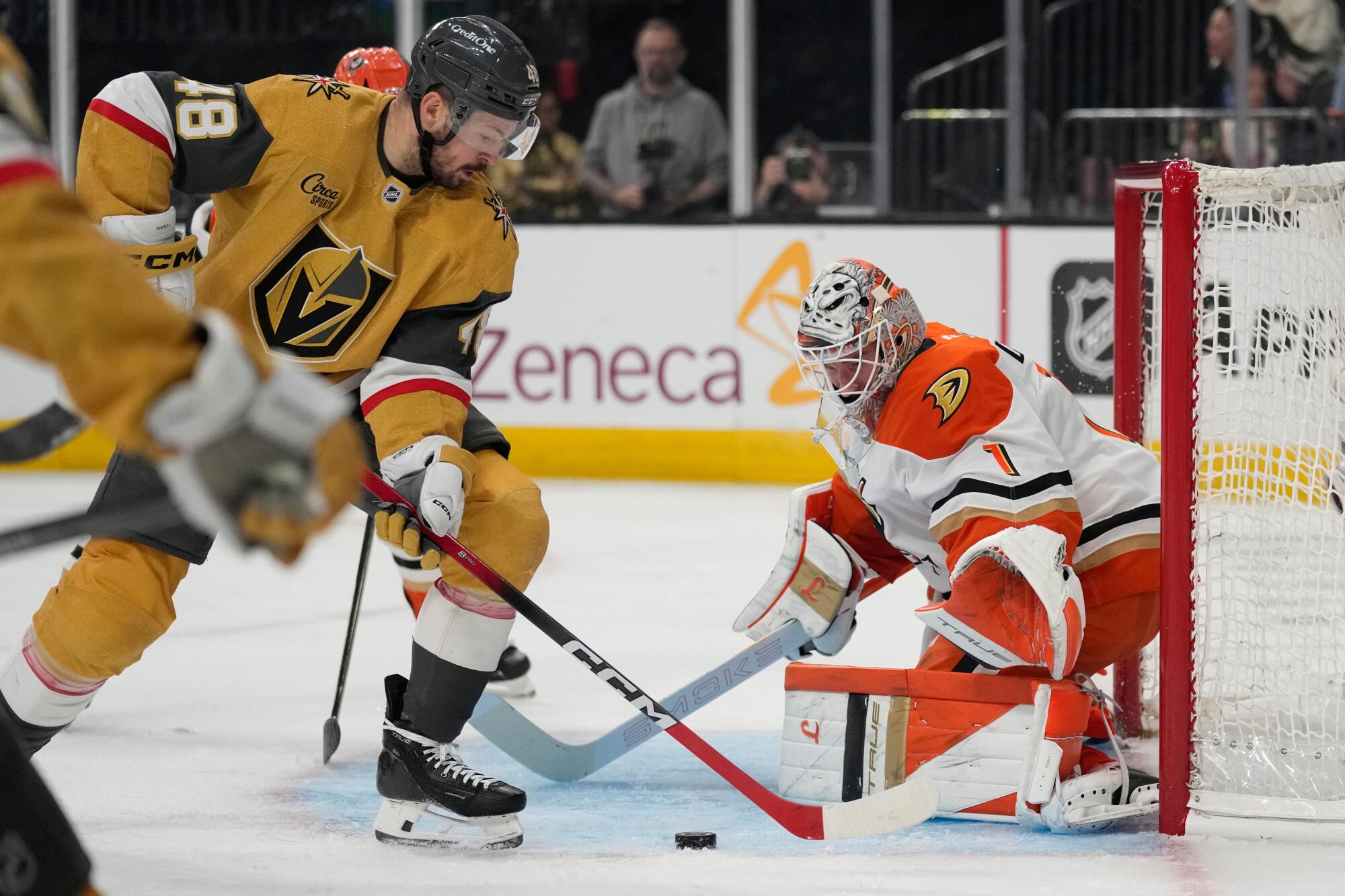 Ducks goaltender Lukas Dostal protects the net in front of Vegas forward Tomas Hertl.