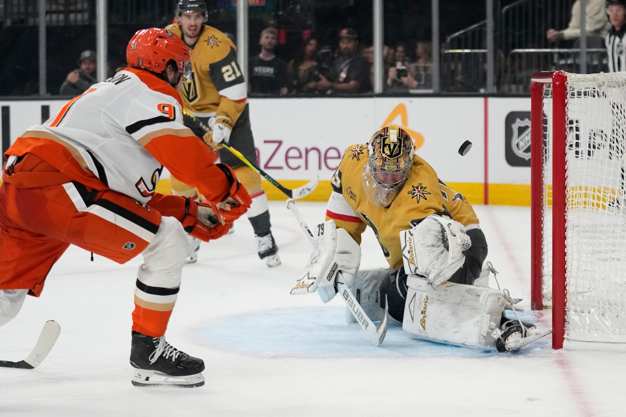 Ducks forward Leo Carlsson scores past Vegas goaltender Carter Hart during the first period Wednesday.