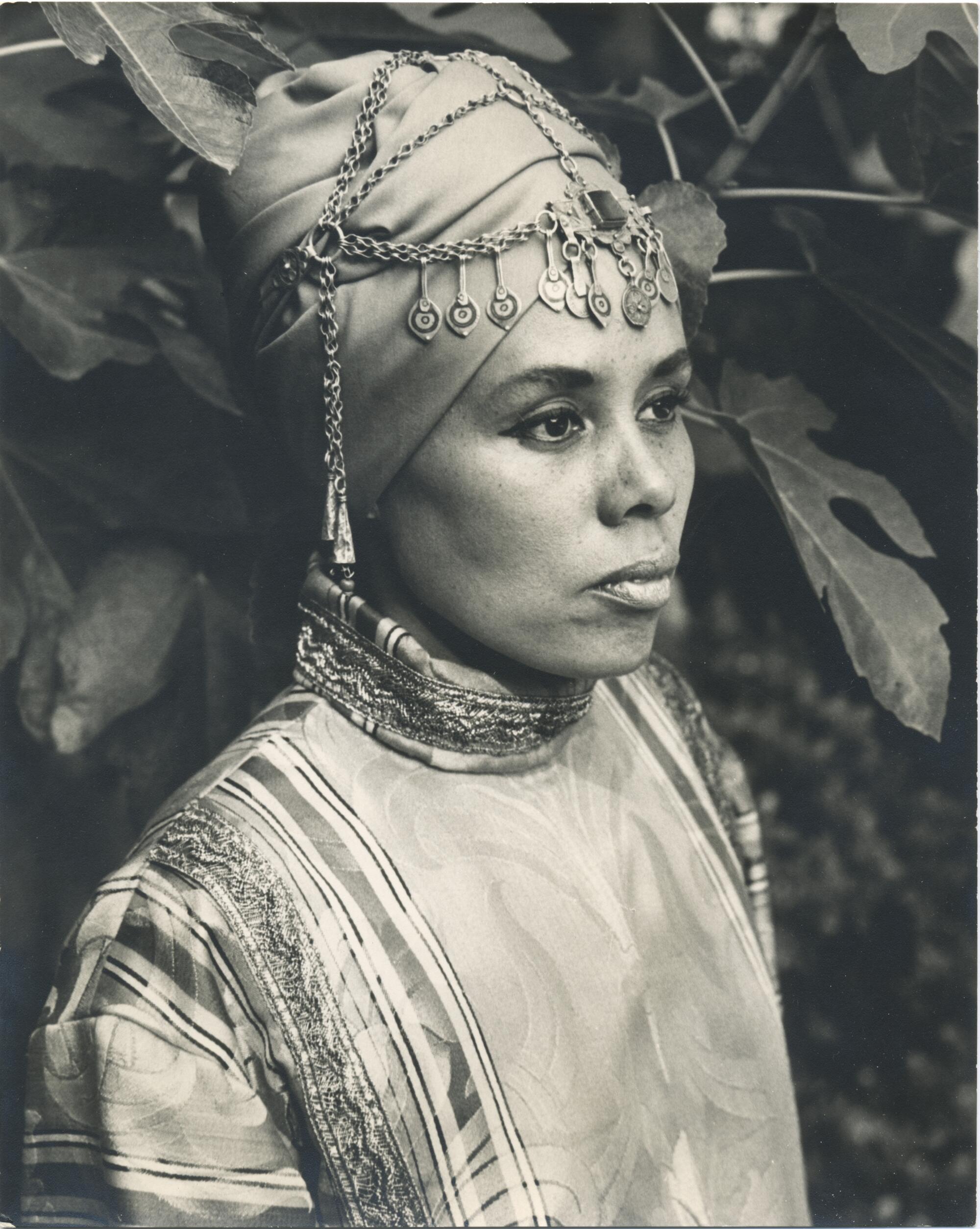 Betye Saar in North African dress #2, 1968 Black and white photograph
